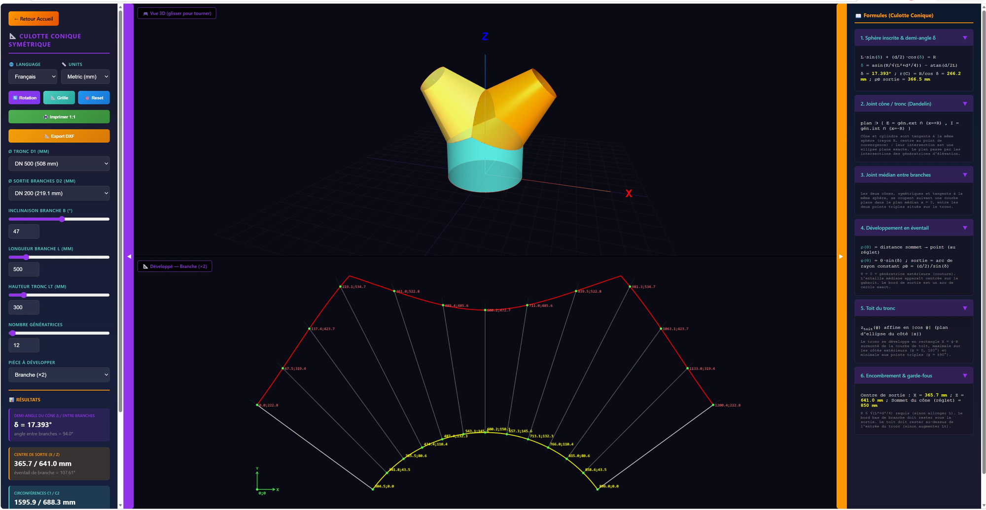 Conical Breeches Two-Cone Wye Calculator