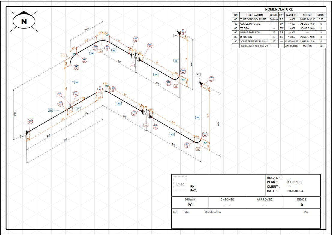 PipeIso Pro — example A3 isometric drawing with BOM and title block