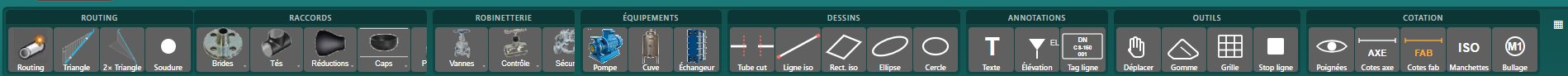 PipeIso Pro toolbar — Routing, Raccords, Robinetterie, Équipements, Dessins, Annotations, Outils, Cotation